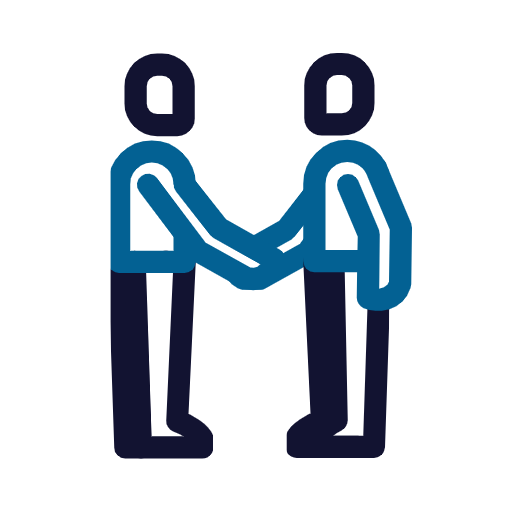 Icon: Zwei stilisierte Hände, die sich schütteln, symbolisiert Gemeinschaft, Partnerschaft oder Zusammenarbeit.